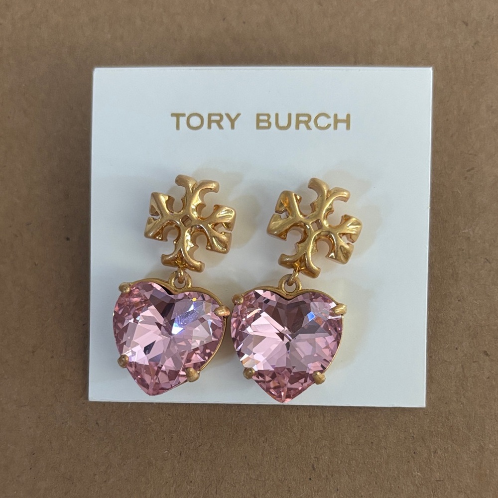 Tory Burch Gold-Tone Pink Heart Drop Earrings